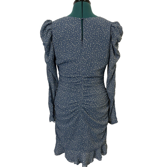 ASTR the Label Mini Dress Ditsy Floral Long Sleeve Ruched Ruffle Hem Blue Large - Picture 4 of 9